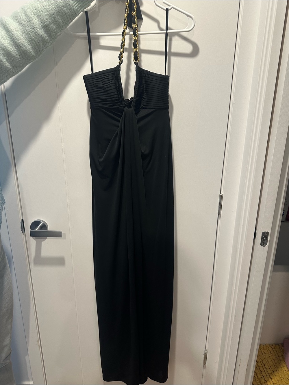 BCBGMaxAzria Black Halter Maxi Dress with Chain-Strap Detail